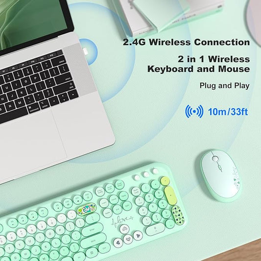 MOFII Wireless Keyboard and Mouse Combo, Cute Full Size Retro Typewriter Keyboard and Wireless Mouse, 2.4GHz Set for PC/Desktop/Laptop/Windows (Green Colorful)