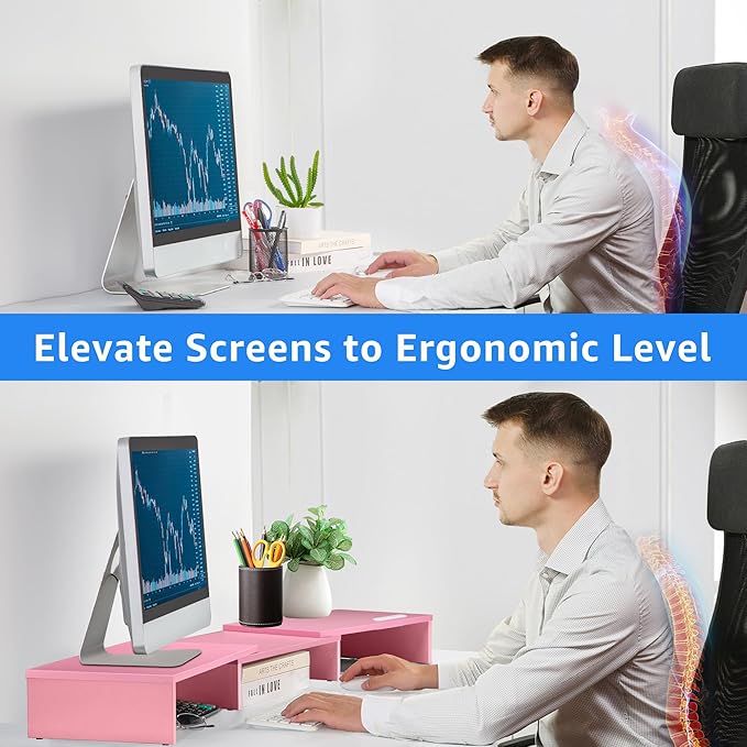Dual Monitor Stand Riser for 2 Monitors, Monitor Stand for Desk, Adjustable Length & Swivel Angle Wooden Desktop Organizer Stand Riser with Smartphone Holder for PC Monitor Laptop, Pink