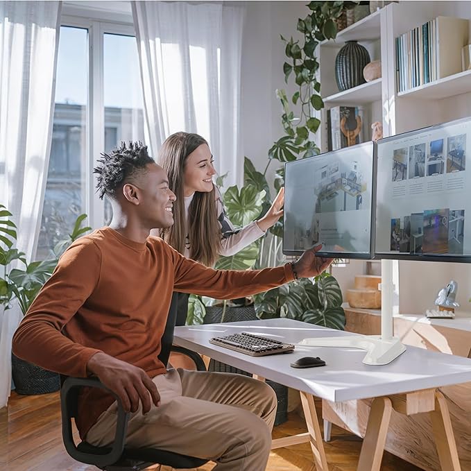 Claiks Dual Monitor Mount, Ergonomic Adjustable Monitor Arm for Max 32 inch Screens, Adjustable Computer Monitor Stand up to 40 lbs, VESA Mounting Holes 75&100mm, White