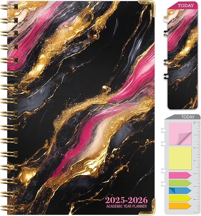 HARDCOVER Academic Year 2025-2026 Planner: (June 2025 Through July 2026) 5.5"x8" Daily Weekly Monthly Planner Yearly Agenda. Bookmark, Pocket Folder and Sticky Note Set (Dark Gold Marble)
