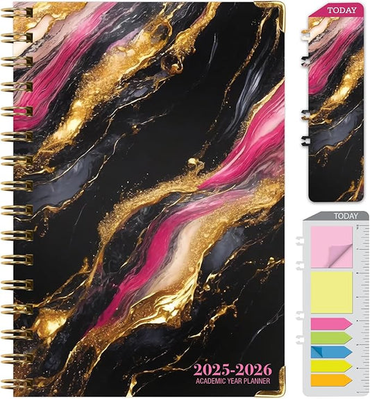 HARDCOVER Academic Year 2025-2026 Planner: (June 2025 Through July 2026) 5.5"x8" Daily Weekly Monthly Planner Yearly Agenda. Bookmark, Pocket Folder and Sticky Note Set (Dark Gold Marble)