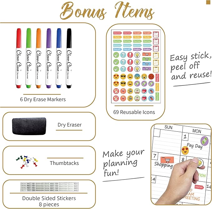 CLEVER CLEAN Large Dry Erase Wall Calendar - 24"x 36" Undated Monthly Calendar for Home, Office, Classroom - Reusable Laminated Task Organizer