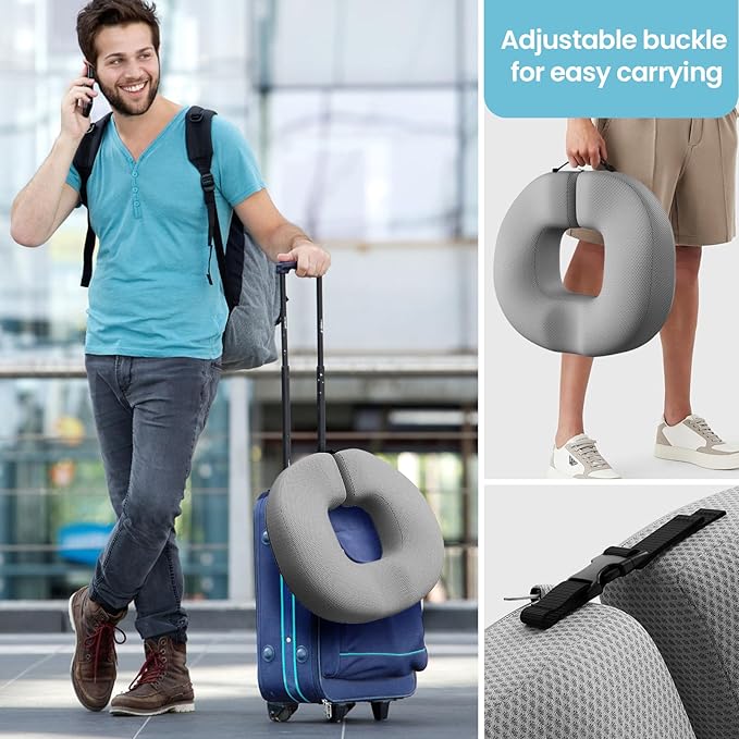 Benazcap Donut Pillow Seat Cushion for Tailbone Pain Relief, Memory Foam Hemorrhoid Pillow by Ergonomic for Coccyx, Sciatica, Pregnancy, Postpartum-Grey