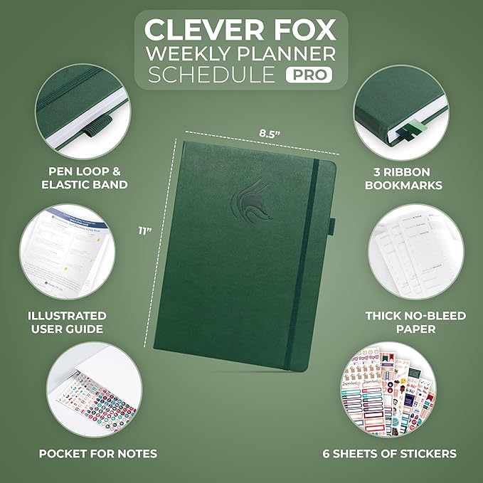 Clever Fox Planner PRO Schedule – Undated Weekly & Monthly Life Planner with Time Slots, Appointment Book & Daily Organizer, A4 (Forest Green)