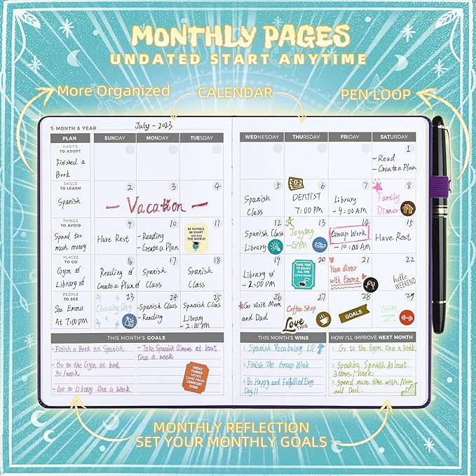 2025 Undated Academic Planner Hardcover (5.5x8.5") - Flexible Weekly & Monthly Organizer with Stickers, Productivity Journal for Students & Professionals(Turquoise)