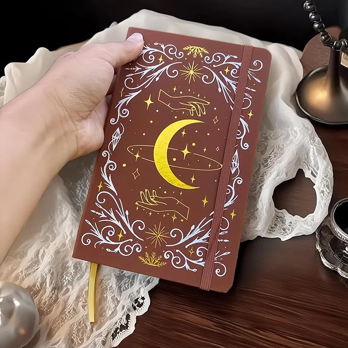 BUKE A5 Dotted Journal – 160gsm Ultra Bamboo Paper, Moon & Star Foil Cover, Flat Lay Notebook with Gift Box – 160 Pages, 5mm Dot Grid, Faux Leather Hardcover (Brown)