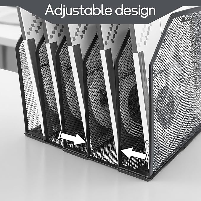 Adjustable Desk File Organizer,Detachable Office Folder Organizer,Compact Vertical Desk File Holder,Wrought Iron Paint,Suitable for Home, School, Office Classrooms (Black - 5 grids)