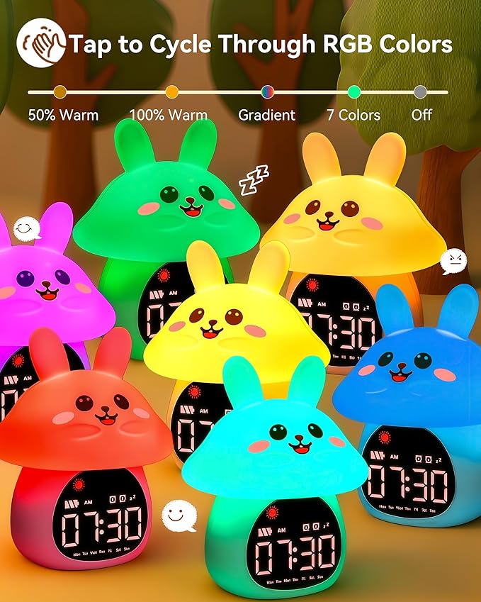 Yiliaw Sleep Training Alarm Clock with Night Light for Kids - Ok to Wake Clock with Dual Alarms, Night Light & RGB Colors, 6 Alarm Tones & White Noise, Rechargeable Clock for Boys & Girls, Bunny