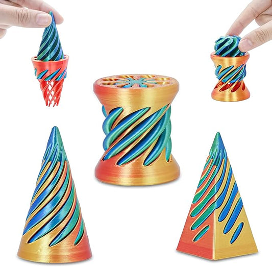 3 Packs Impossible Spiral Cone Fidget Toys,3D Printed Pyramid Passthrough Sculpture,Mini Sensory Toy for Stress Relief Anxiety Relaxation,Desktop Decor Gifts for Adults & Kids (Green Red)