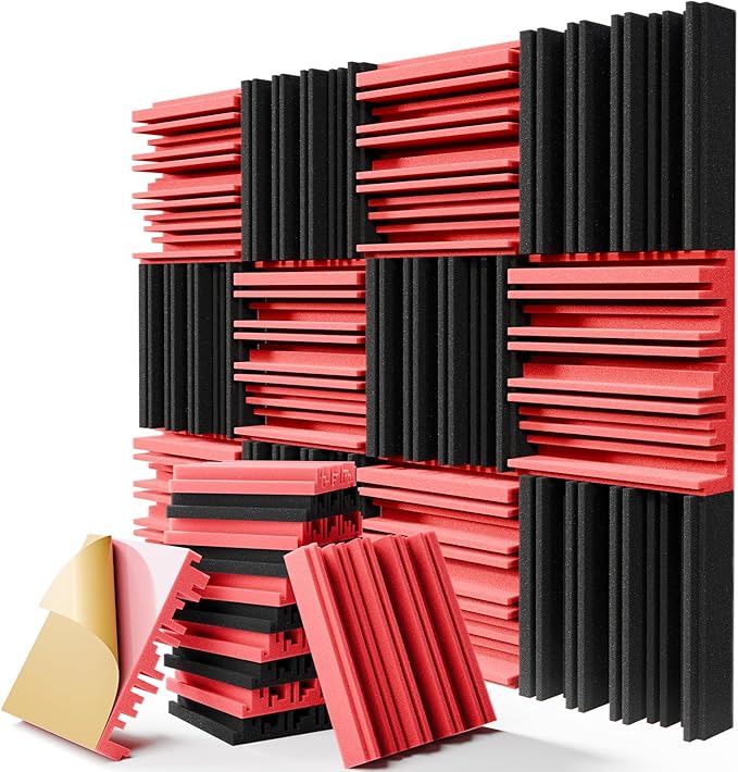 12 Pack Sound Proof Foam Panels for Walls, 12" x 12" x 2" Self-Adhesive Acoustic Panels, High-Density Soundproof Wall Panels for Studio Home and Ceilings (Black+Red)