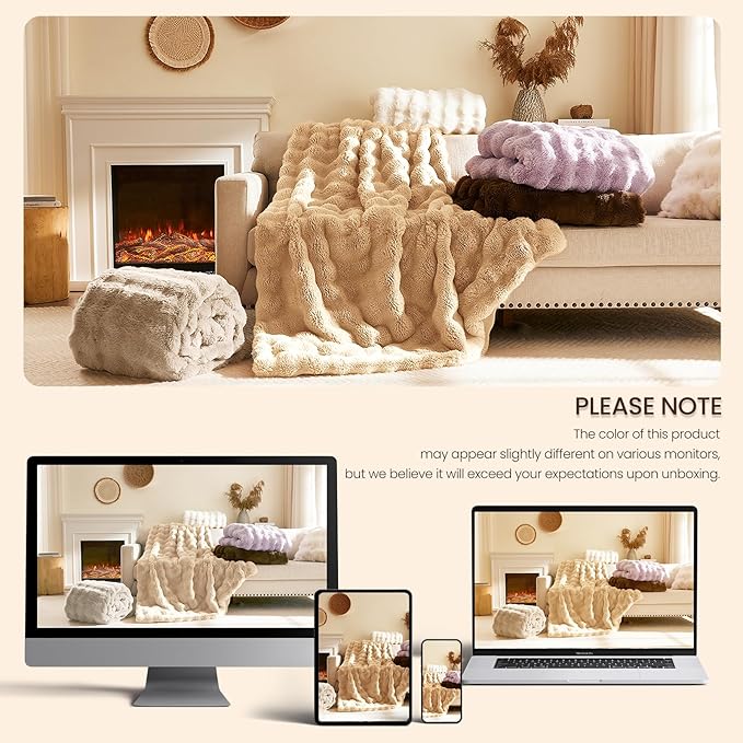 L'AGRATY Faux Rabbit Fur Blanket: 60" x 80" Twin Luxury Soft Fluffy Thick Fur Throw Blanket for Couch Bed Sofa - Cozy Plush Bubble Blankets for Winter: Flannel Fleece Decorative Blanket(Cocoa Brown)