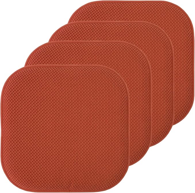 Sweet Home Collection Chair Cushion Memory Foam Pads Honeycomb Pattern Slip Non Skid Rubber Back Rounded Square 16" x 16" Seat Cover, 4 Pack, Rust