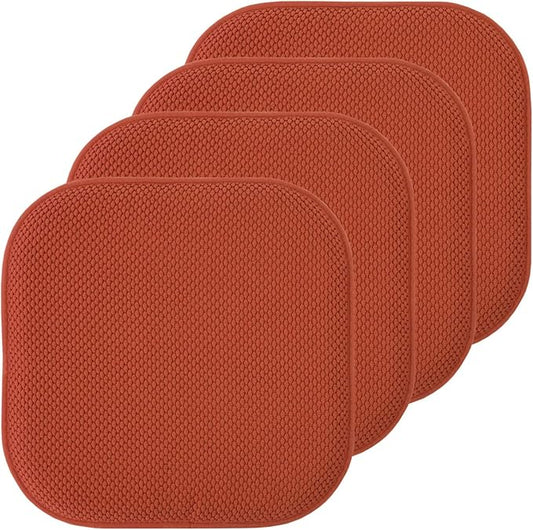 Sweet Home Collection Chair Cushion Memory Foam Pads Honeycomb Pattern Slip Non Skid Rubber Back Rounded Square 16" x 16" Seat Cover, 4 Pack, Rust