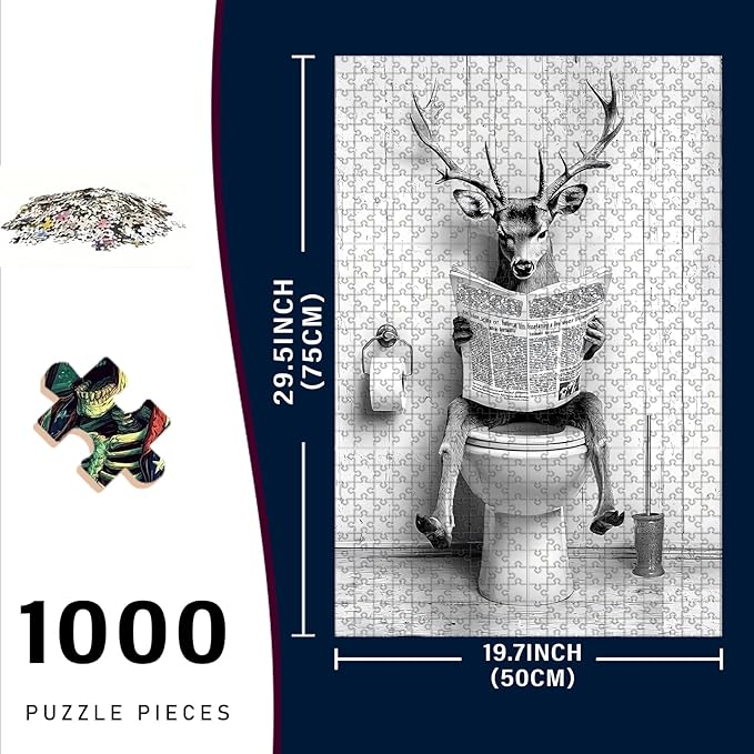 1000 Piece Adults Kids Deer Jigsaw Wooden Black and White Bathroom Jigsaw Adult Stress Relief Therapy Challenging 29.5x19.7 Inch