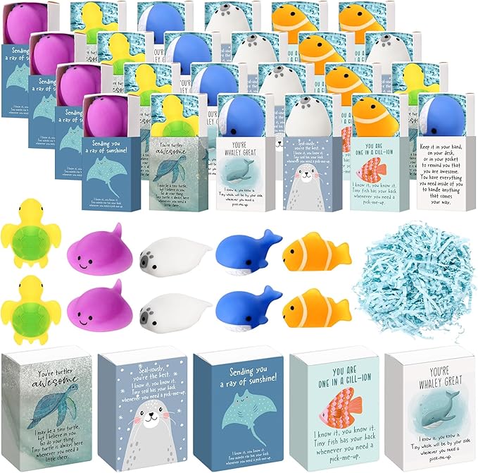 Wettarn 25 Sets Sea Animal Positive Gifts Cute Stress Balls with Support Gift Boxes Inspirational Party Favors for Employee Coworker Friends Office Appreciation Relief Toys