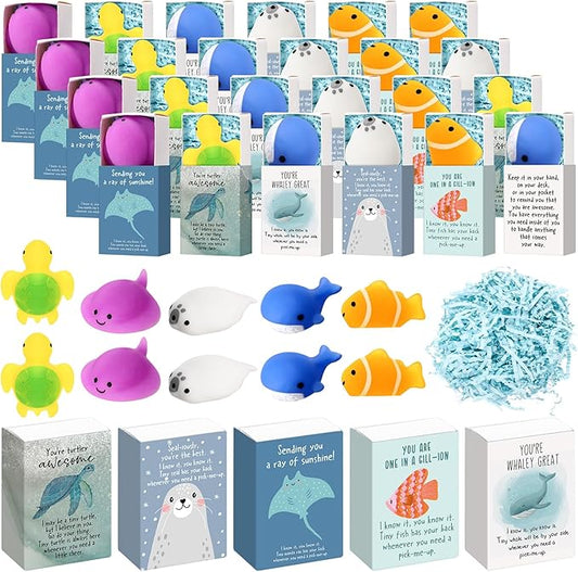 Wettarn 25 Sets Sea Animal Positive Gifts Cute Stress Balls with Support Gift Boxes Inspirational Party Favors for Employee Coworker Friends Office Appreciation Relief Toys