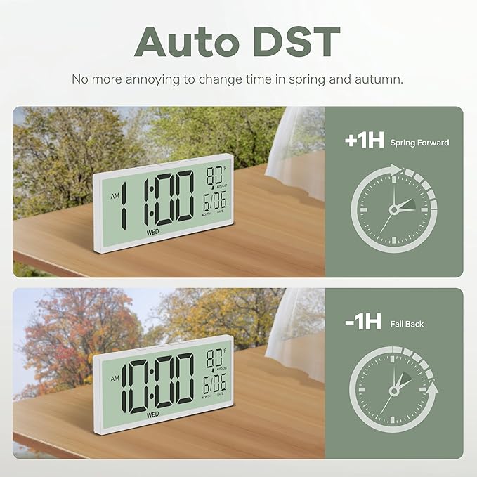 JALL 14.5" Large Digital Wall Clock Battery Operated with Big Digits LCD Display, Day, Date, Alarm, Auto DST, Temperature for Living Room, Bedroom, Desk, Mounted, Gift for Elderly (White, 14.5'')