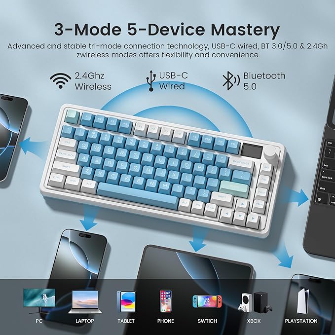 CMK75 Mechanical Keyboard: 75% Layout w/TFT Color Screen & Knob | Tri-Mode Wireless (2.4G/Bluetooth/Wired) | Hot-Swappable | Programmable | PBT Keycaps