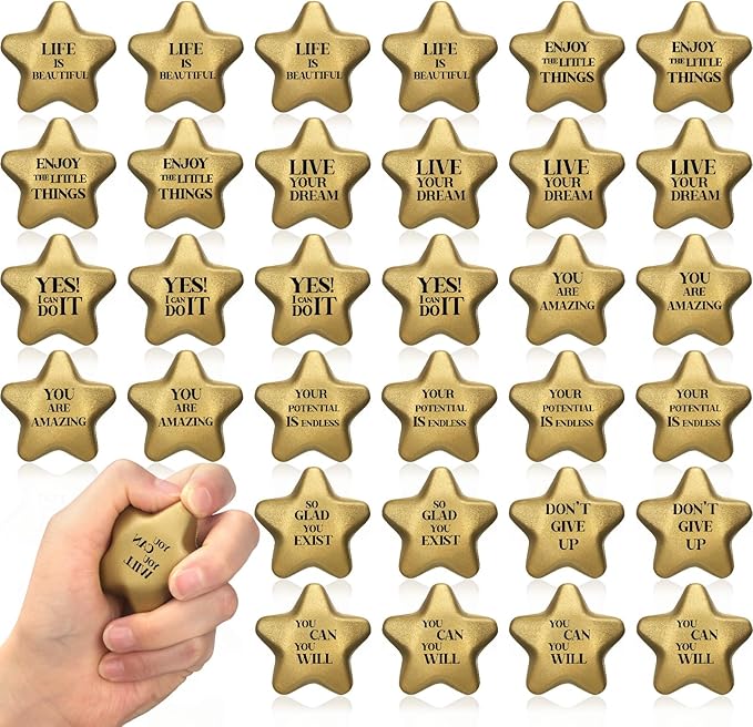 Jenaai 36 Pcs 2.2 Inch Star Stress Balls Motivational Stress Relief Balls Bulk Quote Relief Mini Foam Stars for Students Teens Adults Relieve Anxiety Party Bag Fillers