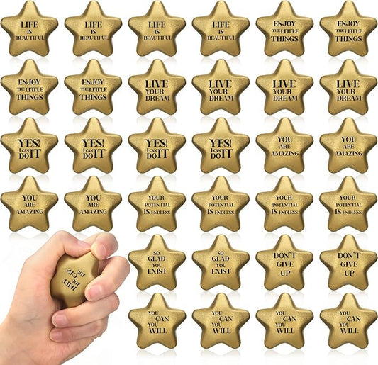Jenaai 36 Pcs 2.2 Inch Star Stress Balls Motivational Stress Relief Balls Bulk Quote Relief Mini Foam Stars for Students Teens Adults Relieve Anxiety Party Bag Fillers