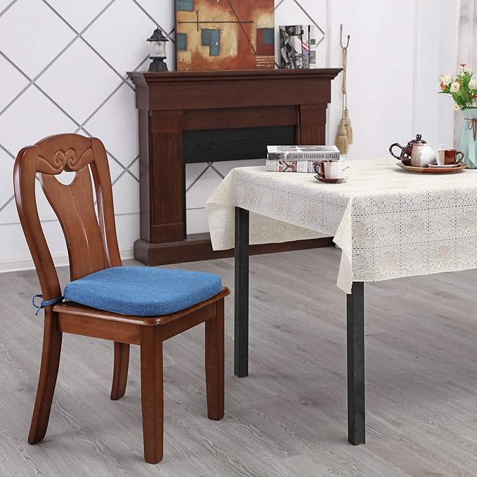 Chair Cushion with Ties for Dining Chairs - Memory Foam Non Slip Kitchen Chair Pad and Dining Seat Cushion with Machine Washable Cover [16.5 x 16.2 Inches] - Blue