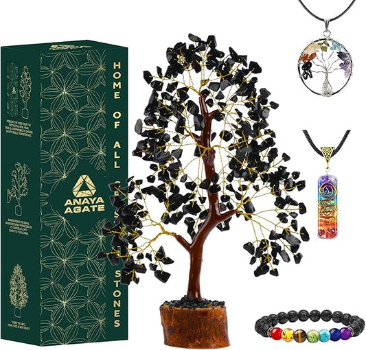 Black Tourmaline Crystal Tree of Life Handmade Gemstone Bonsai, Feng Shui Money Tree for Home Office Desk Decor, Positive Energy, Protection, Reiki Healing, Spiritual Birthday Gifts for Women Mom