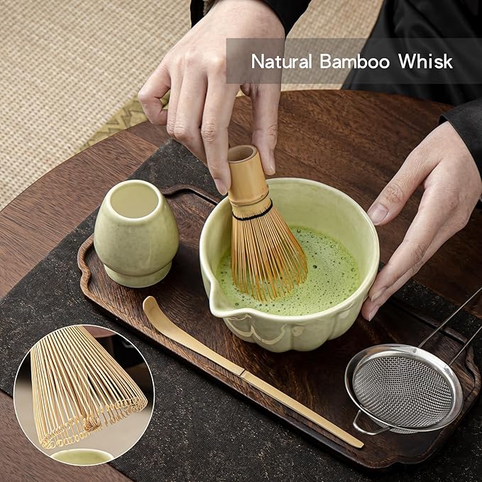 Matcha Whisk Set, Matcha Set Includes Ceramic Matcha Bowl, Bamboo Whisk, Scoop, Chasen Holder, Sifter, 5 Pcs Perfect Matcha Kit for Macha Lover (Mottled Green)