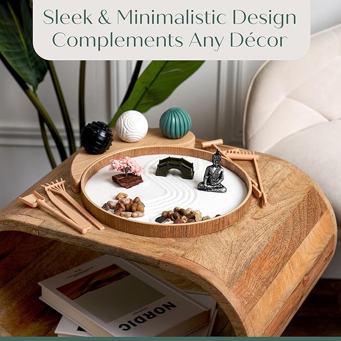 Zen Garden for Desk – Mini Zen Garden Kit for Calming Stress & Relaxing - Japanese Sand Box with Tray, Buddha, Tree, Sand, Rakes, Pebbles & Balls – Sensory Relaxation Gift for Home & Office Decor
