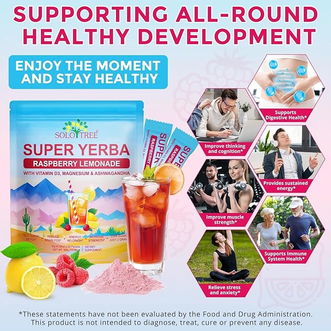 Super Yerba Mate, Yerba Mate Instant Tea Powder ，Low Sugar Content， Clean Energy & Focus Boost，Digestive Support with Antioxidants， Raspberry Lemonade Flavor (30 packs)