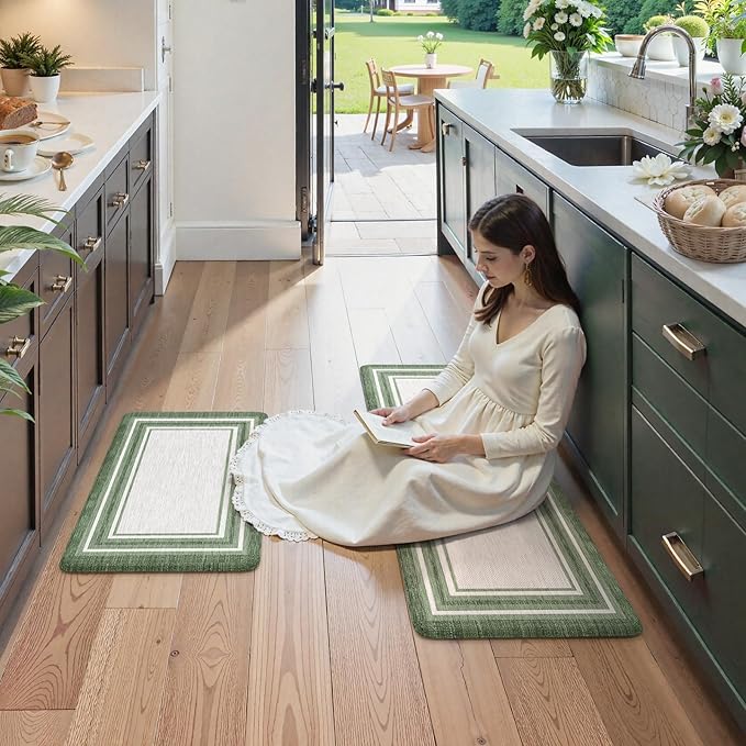 KIMODE Kitchen Mats Cushioned Anti Fatigue, Farmhouse Christmas Kitchen Rugs Sets of 2, Non Slip Kitchen Mats for Floor, Comfort Kitchen Floor Mats for Sink Laundry Desk 17"x47"+17"x29" Green