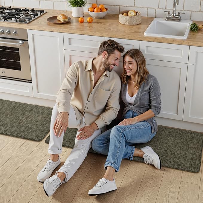 KIMODE Anti Fatigue Kitchen Mat for Floor, Farmhouse Kitchen Rugs Sets of 2, 20"x47"+20"x32" Paded Kitchen Floor Mats, Comfort Textilene Standing Mats for Laundry Office Sink Desk Brown/Green