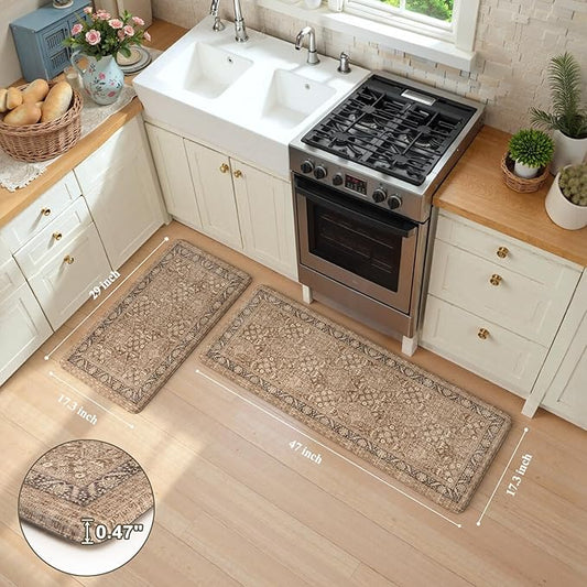 KIMODE Anti Fatigue Kitchen Mat, Boho Distressed Kitchen Rugs Sets of 2, Non Slip Kitchen Mat for Floor, Cushioned Comfort Standing Mat for Sink, Laundry, Office, Desk 17"x47"+17"x29"