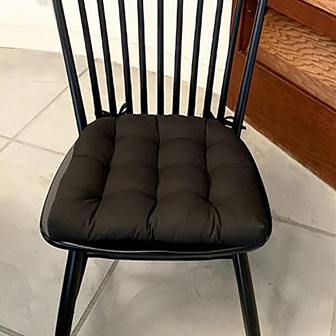 Barnett Home Decor Cotton Duck Black Dining Chair Pad with Ties - Medium Size 18 Chair Cushion - Latex Foam Fill - Machine Washable, Reversible, Solid Color, 100% Cotton, Made in USA