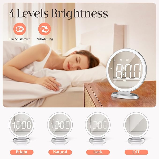 Round Mirror Lighted Digital Alarm Clock, Mirror Surface for Makeup, Large Display, Easy Setting, Auto DST, Auto Dimming, USB Port, Modern Decor for Home, Bedroom, Office, Gift for Women, Girl, Silver