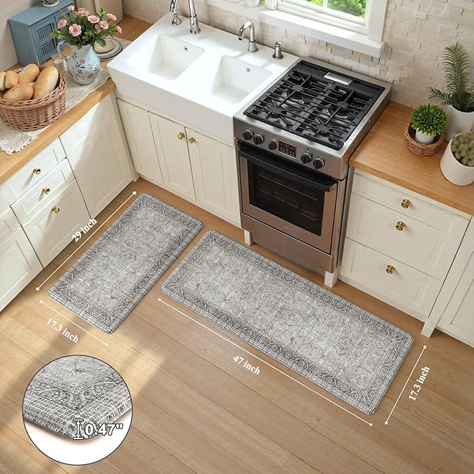 KIMODE Anti Fatigue Kitchen Mat 2PCS,Waterproof Farmhouse Kitchen Rugs Non-Slip,Vintage Grey Kitchen Mat for Floor,Cushioned Comfort Foam Standing Mat for Laundry,Office,Sink,Desk