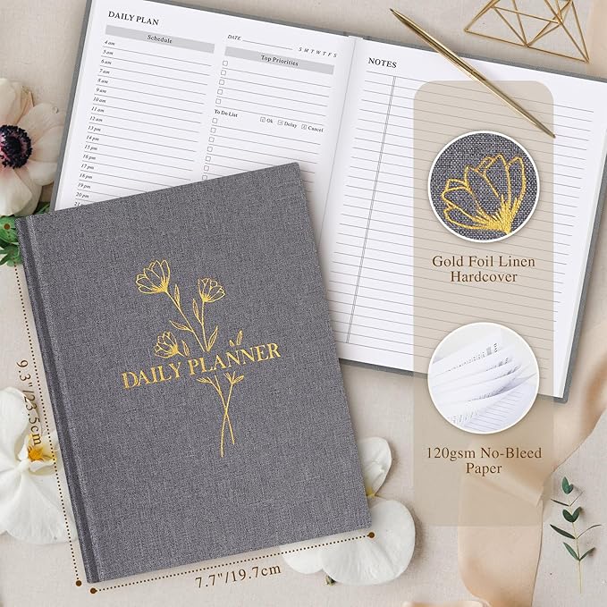 Lanpn Undated Daily Planner Hourly Schedule Notebook, 196 Pages 2 Page per Day To Do List Notebook Notepad Appointment Work Planner, Hardcover Daily Journal Organizer Book For Women 7.7" x 9.3" Grey