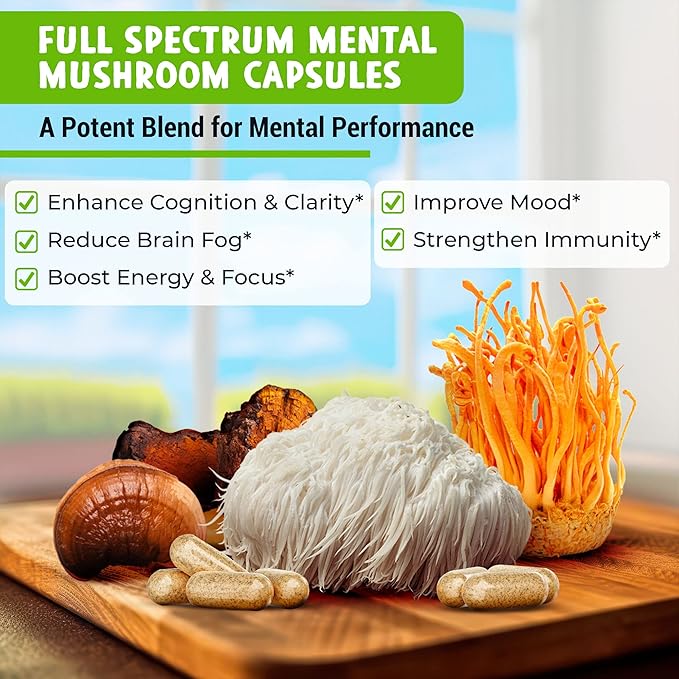 MENTAL Mushroom Capsules, Organic Extract Supplement w/ Lion's Mane, Cordyceps, Reishi and Chaga, Boost Your Focus, Energy, Wellness and Immune System - Nootropic Mushrooms, Immune Support 90ct