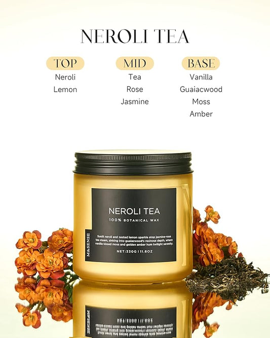 M&SENSE Neroli Tea Scented Candle - 11.6oz Natural Soy Wax Non Toxic 70-Hour Burn, 2-Wick Citrus Scent Candle for Stress Relief & Relaxation - Slow-Burning Home Fragrance Gift for Holiday