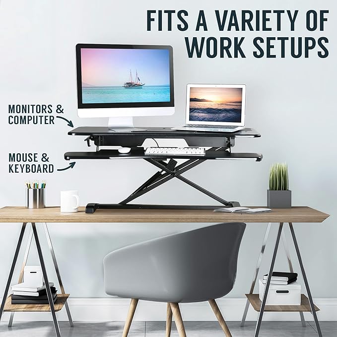 TechOrbits Standing Desk Converter - 32 Inch Adjustable Sit to Stand Up Desk Workstation, MDF Wood, Ergonomic Riser with Keyboard Tray, Desktop Riser for Home Office Computer Laptop, White 32"