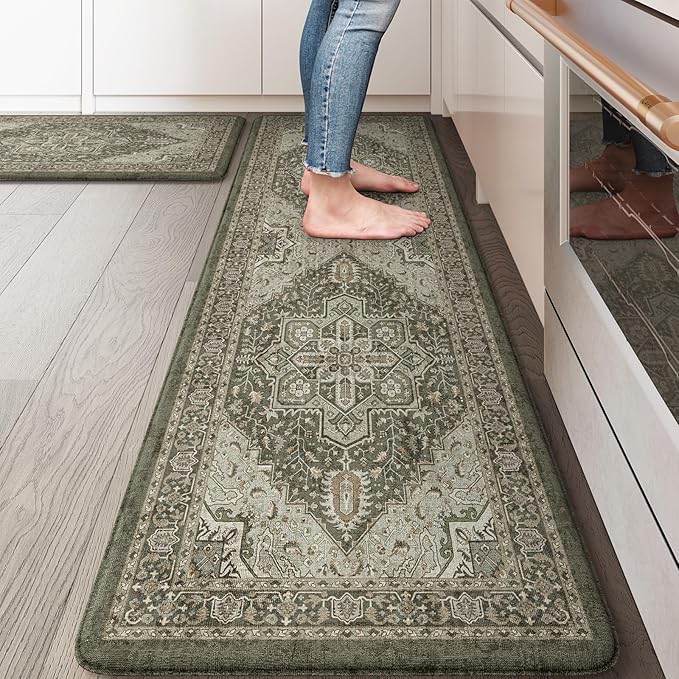 KIMODE Kitchen Mats Cushioned Anti Fatigue, Boho Distressed Kitchen Rugs Sets of 2, Non Slip Kitchen Floor Mat, Comfort Standing Mat for Laundry, Office, Sink, Desk Dark Green 17"x59"+17"x29"