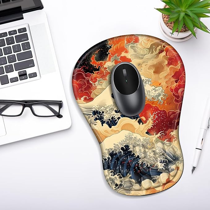 Ergonomic Mouse Pad with Wrist Rest Support, Mousepad with Comfortable Memory Foam Wrist Rest and Non-Slip PU Base for Pain Relief, Computer, Laptop, Office, Home (Waves)