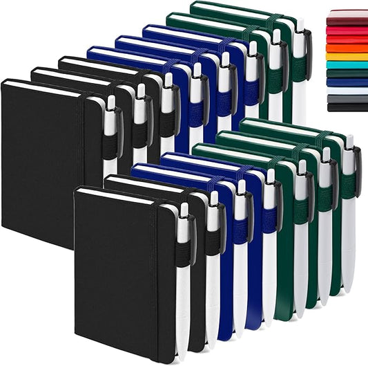 feela 15 Pack Pocket Small Notebooks Bulk, Mini Cute Notepads Hardcover College Ruled Lined Journals with Pen Holder for School Business, with 15 Black Pens, 3.5”x 5.5”, A6, Black Navy Dark Green