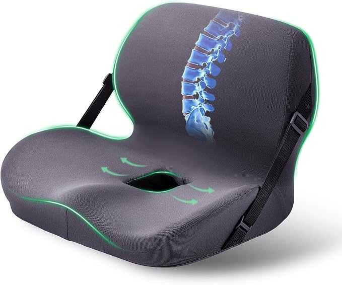 One-Piece Memory Foam Seat & Back Cushion - Lumbar Support, Adjustable Strap, Non-Slip Bottom - Breathable Removable Cover for Office Chair, Car, Truck (Grey)