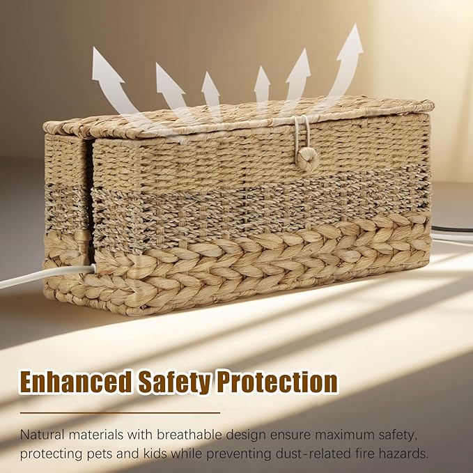 Cable Organizer Box Handmade Wicker Rattan Cable Management Box Adapter Power Strips Outlet Router Cord Hider Cover Under Desk Electrical Wire Storage Organizer with Lid (Natural, Large)