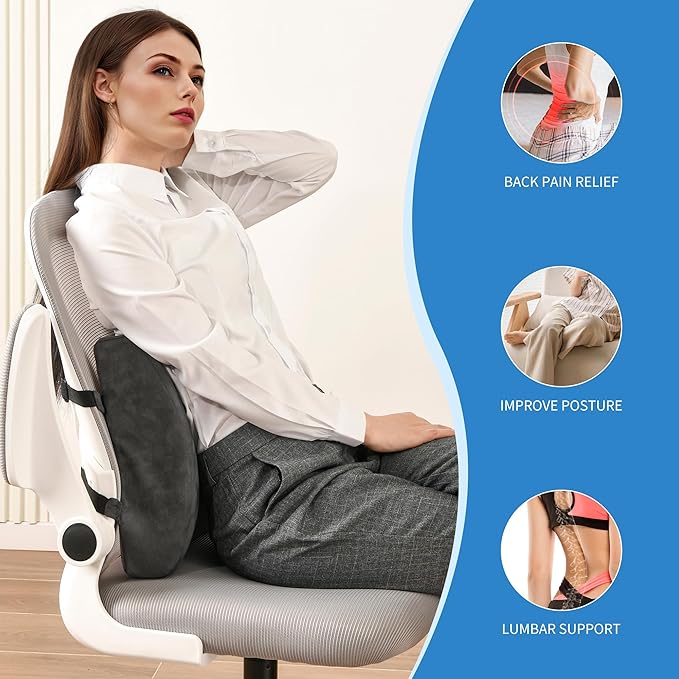 Lumbar Support Pillow - Gel Memory Foam Back Cushion for Lower Back Pain Relief & Improve Sitting Posture, Lumbar Support Cushion with Adjustable Strap & Non-Slip for Office Chair, Sofa, Car