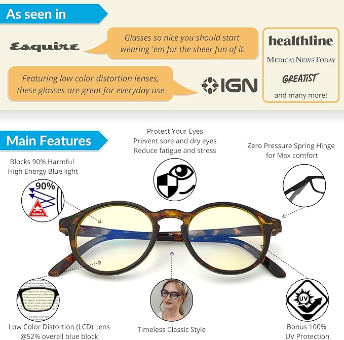 J+S Vision Blue Light Blocking Glasses for Men Women | Computer Gaming Work| Anti Strain Fatigue UV Glare | Medium-Small Fit