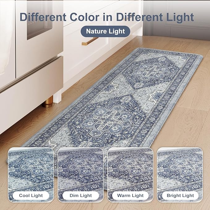 KIMODE Anti Fatigue Kitchen Mat, Cushioned Kitchen Mats for Floor 2 Piece, Boho Vintage Kitchen Rugs, Comfort Foam Standing Desk Mat for Laundry, Office, Sink Navy Blue 17"x47"+17"x29"