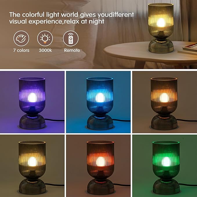 Modern RGB Glass Table Lamp with Remote，Color Changing Bedside Lamp with Ribbed Glass Shade, 16 Colors, On/Off Cord Switch, Nightstand Lamp for Bedroom, Living Room, Office, Bulb Included
