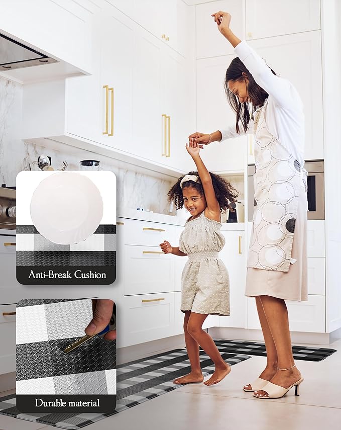 Anti-Fatigue Kitchen Mat Set – 2-Piece Memory Foam Cushioned Mats for Standing – Black & White, 18×30 & 18×60, 0.4 in Thick, Waterproof, Non-Slip – Homergy