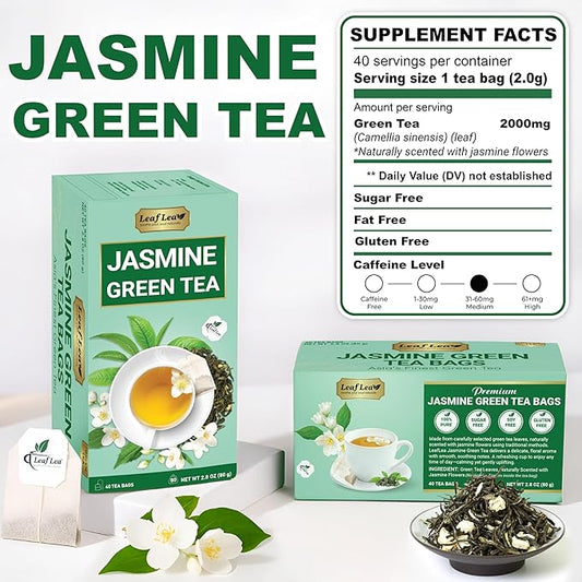LeafLea 40 Jasmine Green Tea Bags, Premium Green Tea Scented with Jasmine Flowers for Gentle Support & Light Alertness, Floral Smoothness, Caffeinated, Sugar-Free, Non-GMO, Vegan, Individually Wrapped